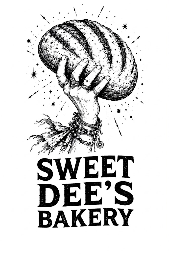 Sweet Dee's Bakery — a hand holding a loaf of bread toward the sky, surrounded by stars